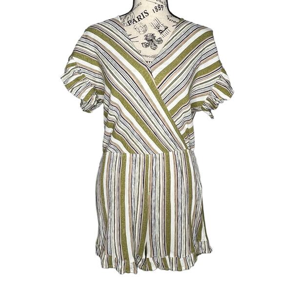umgee MEDIUM Faux Wrap Ruffle Sleeve Hem Elastic Waist Striped V Neck Romper - Picture 1 of 9